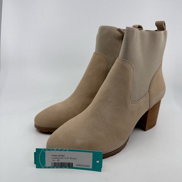 Violet & Red Loaded Knit Cuff Bootie Block Heel Faux Suede Tan Womens Size US 10 - Picture 9 of 9